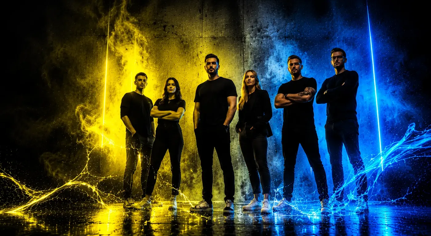 Das Team von UIXY zwischen gelbem und blauem Neonlicht auf dunklem Boden